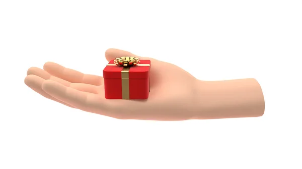 En hand som håller en liten röd gåva med ett guldband. Affärsidé. — Stockfoto