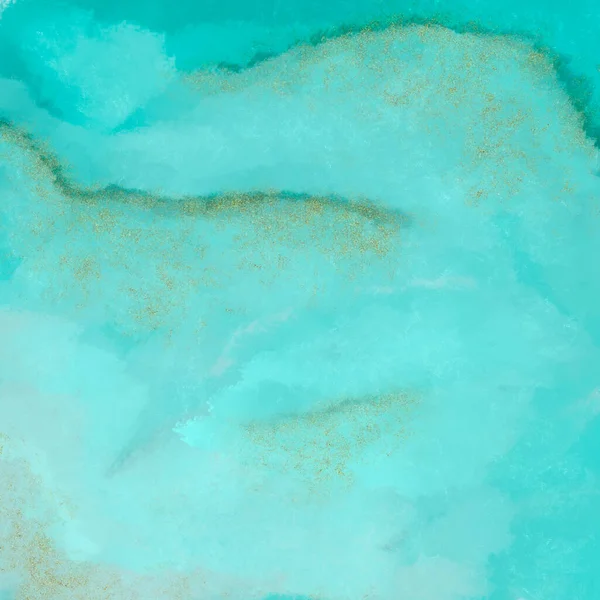 摘要水彩画蓝绿色背景 用黄金说明大理石质地 正方形横幅成堆的墨水 — 图库照片