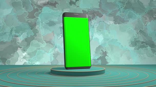 3D анимация телефона, стоящего на трибуне в бирюзовом дизайне. Зеленый экран как макет. Концепция технологии, развития — стоковое видео