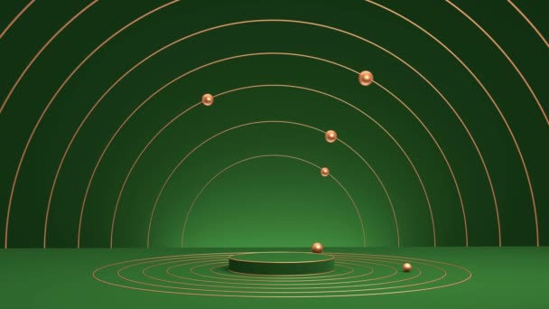 Abstracte catwalk met gouden ringen en ballen. Groene luxe sokkel voor product mockup. 3D animatie van geometrische vormen — Stockvideo