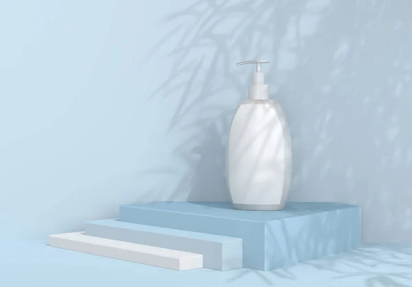 Frasco cosmético plástico vazio branco para a apresentação do produto de cuidados com a pele. Cosméticos na passarela com uma sombra de folhagem. Renderização 3D — Fotografia de Stock