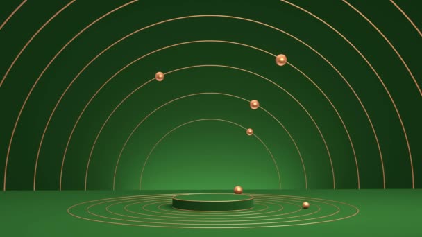 3D animatie van de catwalk met gouden ringen en spinnende ballen. Groene Animatie Luxe sokkel — Stockvideo