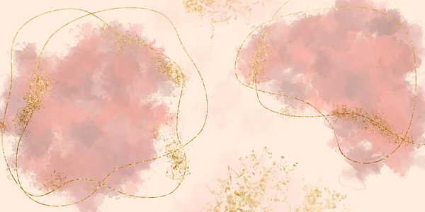 Dessin minimaliste aux formes organiques et aux lignes dorées. Rose pastel aquarelle fond — Photo