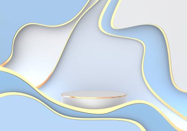 Mutlu Noeller ve yeni yıl için podyum yürüyüşü. Kartpostallar, kartpostallar, sunumlar. Sembolün kaidesinin yapısı, amblem, altın elementli logo. Pastel bir vitrin minimalizmi. 3B Hazırlama.