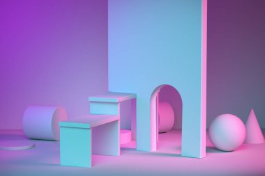 Pembe, mor, mavi ışıklı geometrik şekillerin soyut neon arkaplanı. Ürünün reklamını yapmak için podyum. Servis sunumu için kaldırım taşı. 3B Hazırlama