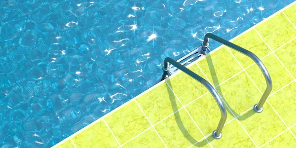 Vista superior da piscina com azulejos amarelos e escadas. O conceito de verão. — Fotografia de Stock