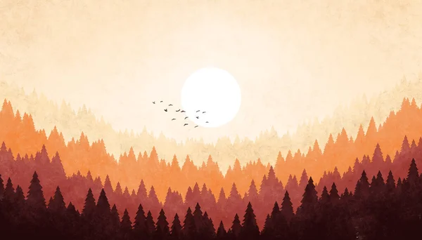 Гранд акварельна ілюстрація лісу в червоно-коричнево-бежевому кольорі. Фон пагорбів на заході сонця в земних тонах — стокове фото