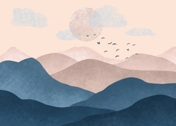Грандж акварельні ілюстрації блакитно-рожевих гір. Абстрактний фон природи. Пейзаж для друку, дизайн упаковки — стокове фото