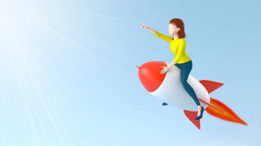 Kız bir roketin üzerinde uçuyor ve güneşi işaret ediyor. Girişim ve yenilik kavramı. 3B Hazırlama