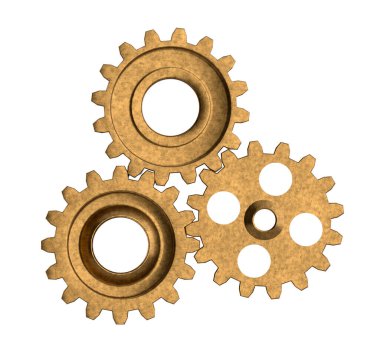 İzole edilmiş dişliler ve dişli mekanizmaları. Yüksek teknolojili dijital teknolojiler ve mühendislik kavramı. 3B Hazırlama.