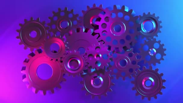 Animation of a gear and a gear mechanism in neon lighting. The concept of high-tech digital technologies and engineering — Stock Video
