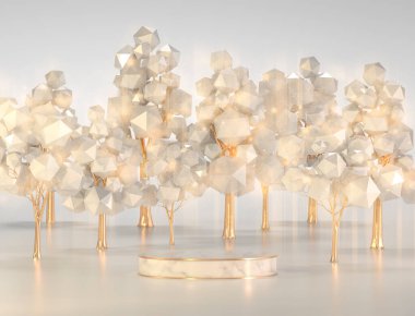 Abstract sparkling winter forest around the podium. Pearl and gold trees and a marble white pedestal. An illustration of nature for a product presentation. 3D Render clipart