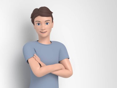 Gri bir duvarın arkasında gülümseyen mutlu adam. Çizgi film karakteri tasviri. 3 Boyutlu Hazırlama