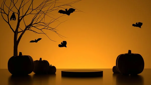 Una pasarela festiva impresionante para las vacaciones de Halloween. Un pedestal para la presentación del producto. Ilustración de un árbol, murciélagos y calabazas. Renderizado 3D —  Fotos de Stock