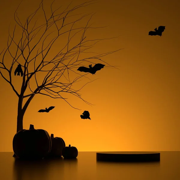 Una pasarela festiva para las vacaciones de Halloween. Un stand para la presentación de productos. Ilustración de un árbol, murciélagos y calabazas cuadrados. Renderizado 3D —  Fotos de Stock