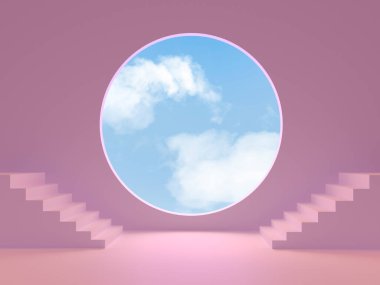 Bulutlu bir gökyüzü ve pembe merdivenli bir pencere tasviri. Ürün sunumu için bir kaide ve podyum. 3 Boyutlu Hazırlama