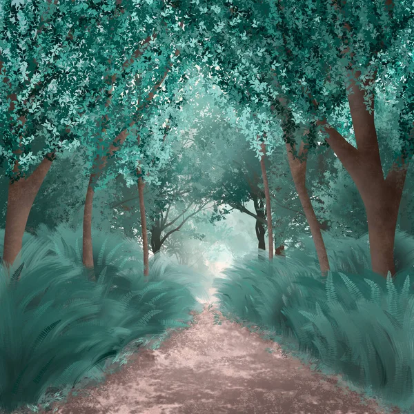 Watercolor illustration of a path in a summer green forest — Stock Photo, Image