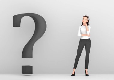 Şüphe ve karar kavramı. Genç bir kadın karakteri, beton bir iç mekandaki büyük bir soru işaretinin yanında duruyor ve düşünüyor. 3 Boyutlu Hazırlama