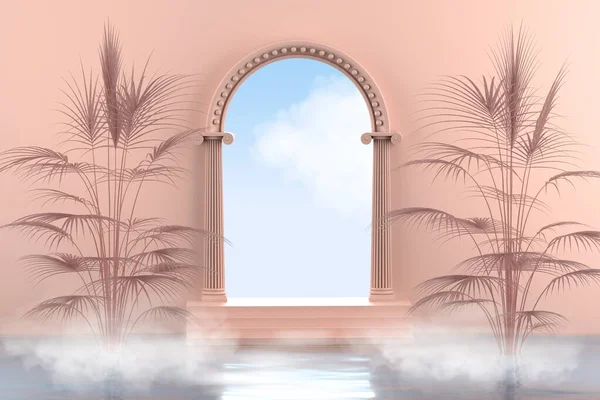 Podium naturel abstrait avec de l'eau et des nuages. Un piédestal avec une arche antique et un escalier dans la nature tropicale près des palmiers. Expéditeur 3D Images De Stock Libres De Droits