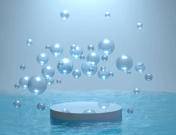 Une plateforme avec des bulles. podium bleu dans une belle eau. Le piédestal est comme dans une grotte sous-marine. Expéditeur 3D Photos De Stock Libres De Droits