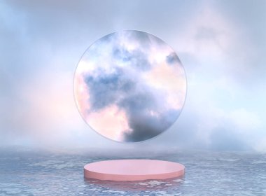 Sudaki soyut podyum. Bulutlu bir pencerenin arka planında taş bir platform. Doğadaki bir kemerin çizimi. 3 Boyutlu Hazırlama.