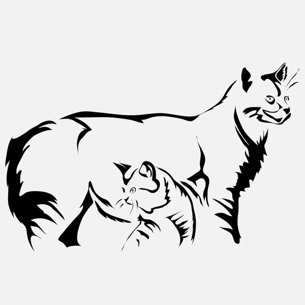 Outline kucing dan kucing vektor ilustrasi. Dapat digunakan untuk logo - Stok Vektor