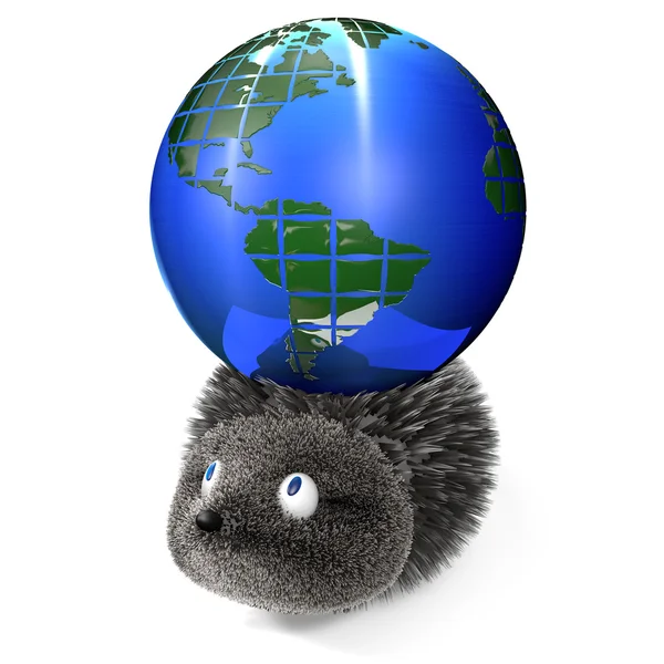 3D render hedgehog with earth globe. Concept earth day poster — Stock Photo, Image