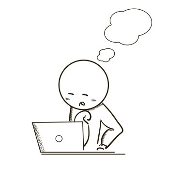 Adam ve laptop ve rüya Kabarcık belirtme çizgisi vektör illustrati kroki