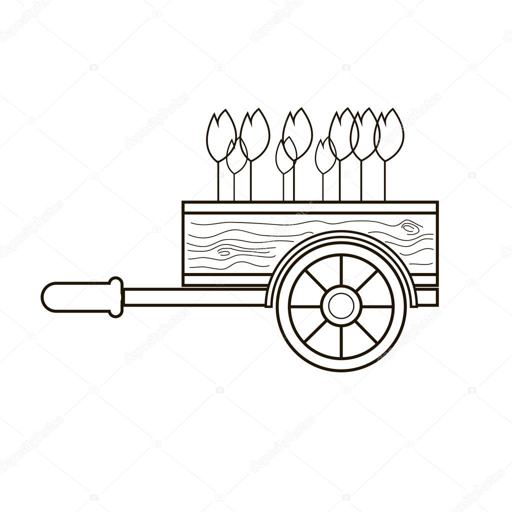 Wooden garden cart with flowers simple line vector llustration. Can be use for logo