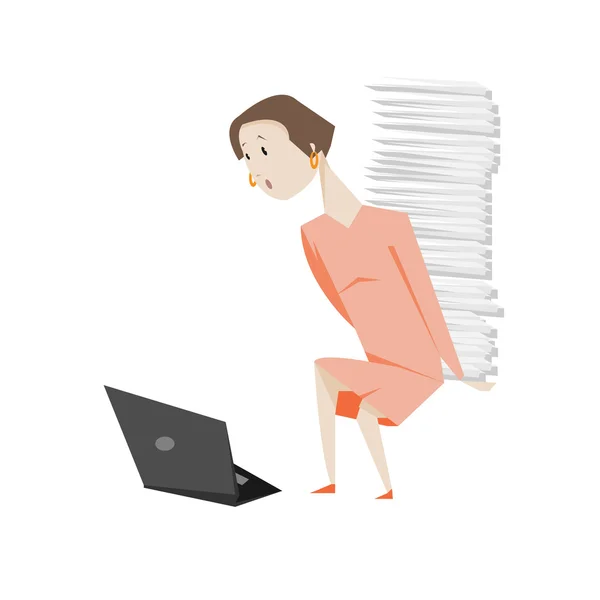 Женщина с ноутбуком и много деловой бумаги изолированы над белым — стоковый вектор