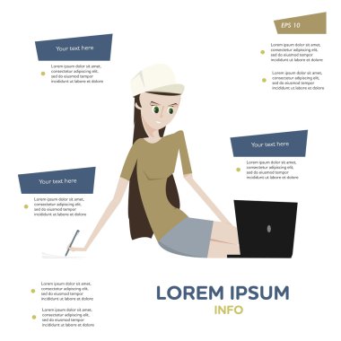 Çizgi film genç kadın karakteri içinde rahat poz ile dizüstü bilgisayar, kalem ve