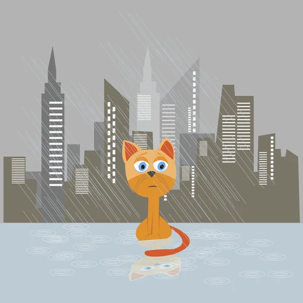 Kucing sedih pada gambar vektor hujan. Cat mengadopsi konsep posting - Stok Vektor