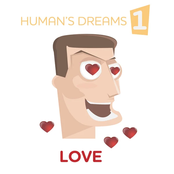 Çizgi film mutlu adam karakteri gözleri vektör illus aşk kalp ile — Stok Vektör