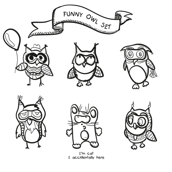 Komik baykuşlar basit elle çizilmiş karikatür vektör set