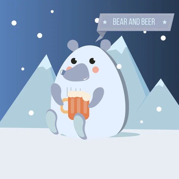 Dessin animé heureux ours polaire et grande tasse de bière vecteur illustration — Image vectorielle