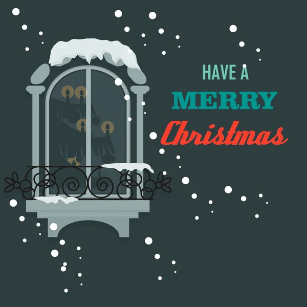 Feliz Natal cartão de saudação com janela, neve e árvore vetor — Vetor de Stock