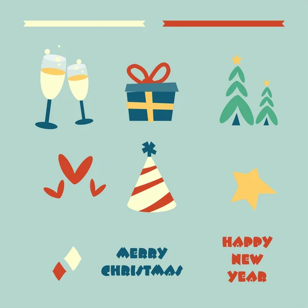 Navidad y año nuevo plano icono de dibujos animados conjunto de vectores — Vector de stock