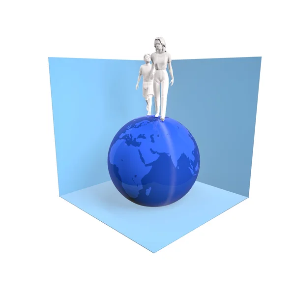 Femme et enfant sur un globe. Icône isolée sur blanc — Photo