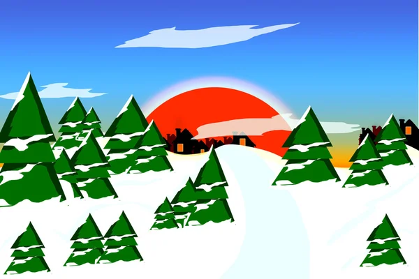 Sonnenuntergang über einem Winterwald. Cartoon-Hintergrund — Stockfoto