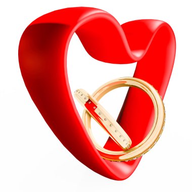 Beyaz bitti izole üç boyutlu kalp ve yüzük çifti.