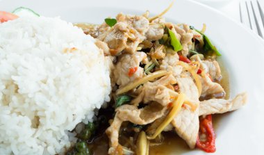 Tay otlar, baharatlı ile tavada kızartılmış domuz eti