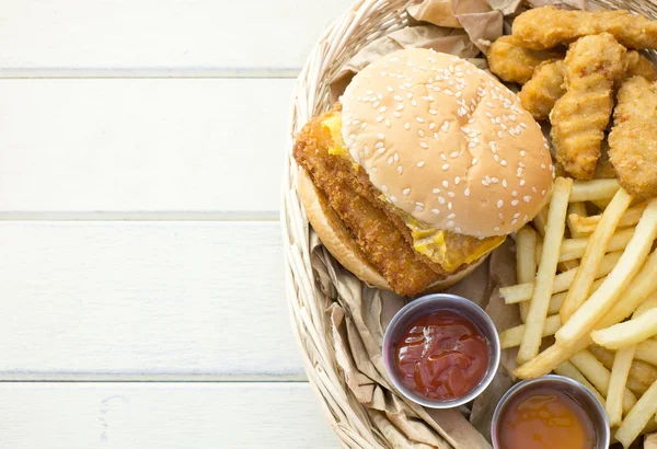 Double fish burger, french fried and chicken fried