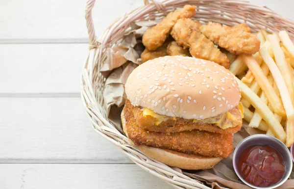 Double fish burger, french fried and chicken fried