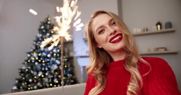 Close up portrait. POV of Caucasian joyful young woman in decorated room with glowing xmas tree holding sparkler and videochatting wishing happy holidays on New Years Eve. Web call. Xmas celebration — Stock Video
