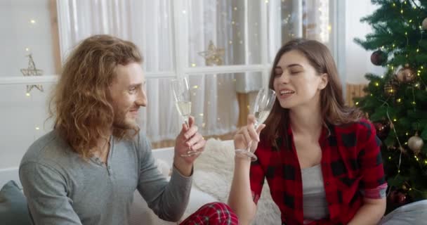 Close up portret białej szczęśliwej rodziny małżeństwa siedzi na łóżku na Boże Narodzenie urządzone domu kieliszki i picia szampana świętując Nowy Rok razem. Święto świąteczne — Wideo stockowe