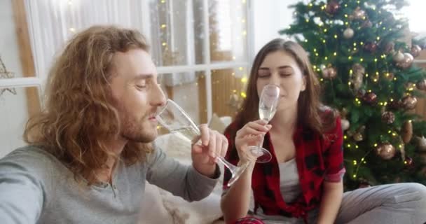 POV Καυκάσιος χαρούμενο νεαρό παντρεμένο ζευγάρι σε εορταστική διάθεση πίνοντας σαμπάνια γιορτάζοντας το νέο έτος στο σπίτι, ενώ μιλάμε σε απευθείας σύνδεση συνομιλία βίντεο. Χριστουγεννιάτικη γιορτή. Καλές γιορτές. — Αρχείο Βίντεο