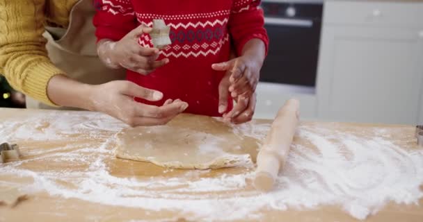 Famiglia afroamericana in piedi a tavola in cucina e fare biscotti di pan di zenzero di Natale fatti in casa. Preparativi di Capodanno. Primo piano di mani femminili che aiutano il bambino a fare biscotti. Concetto vacanze — Video Stock