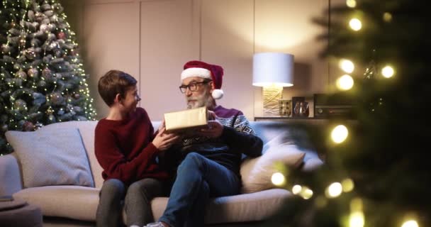 Mutlu genç çocuk, mutlu yaşlı dedeye Noel hediyesi verirken yeni yıl ağacının yanında rahat ve süslü bir evde oturuyor. Dedem Noel 'de torunundan hediye alıyor. Tatil kavramı — Stok video