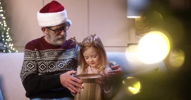 輝くクリスマスツリーの近くの居心地の良い装飾された家に座っている間、かわいい女の子の孫にクリスマスをプレゼントする喜びの白人おじいちゃんの肖像画を閉じます。新年のコンセプト。贈り物とプレゼント — ストック動画