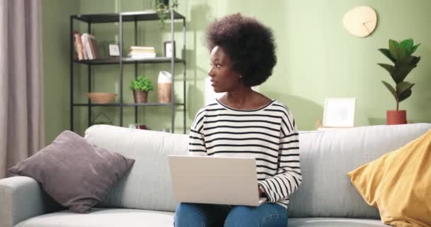 Afro-Amerikalı genç, güzel, neşeli bir kadın rahat bir odada kanepede oturuyor dinleniyor ve evdeki dizüstü bilgisayarında internette yazı yazıyor. Boş zaman konsepti. Evden çalışan bir kadın. — Stok video